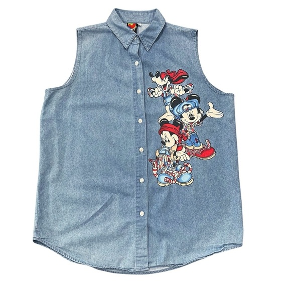 Vintage Mickey Mouse Graphic Denim Button Up Shirt Vest Size L Jerry Leigh - Picture 7 of 9